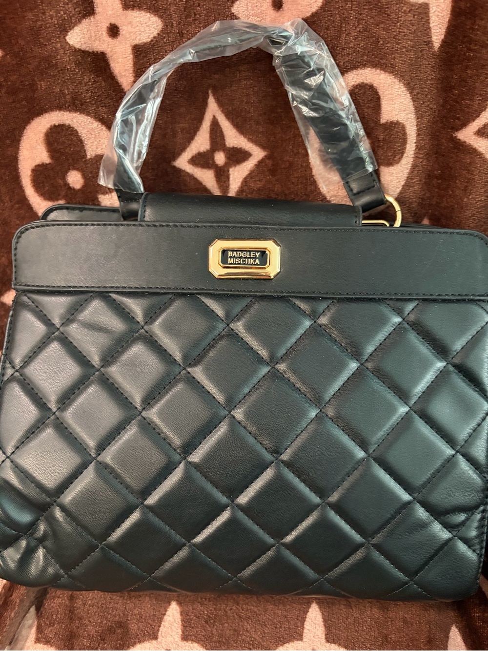 Badgley Mischka Black Quilted Top-Handle Satchel with Gold Plaque